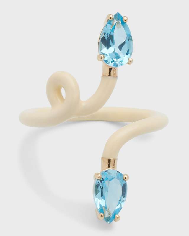 B Double Vine Enamel Ring with Drop Cut Topaz